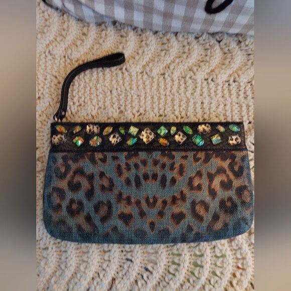 Christian Audigier Los Angeles Wristlet Clutch NWOT Animal Print Coated Linen